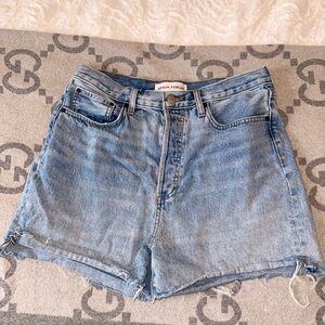 Denim Forum The Yoko Mid Thigh Short Light Blue High-Rise Raw Hem Jean Shorts
